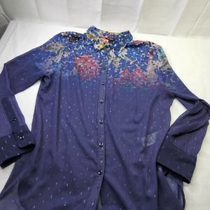 Desigual Purple Sheer Blouse With Shimmer Long Sleeves Size XXL Spain